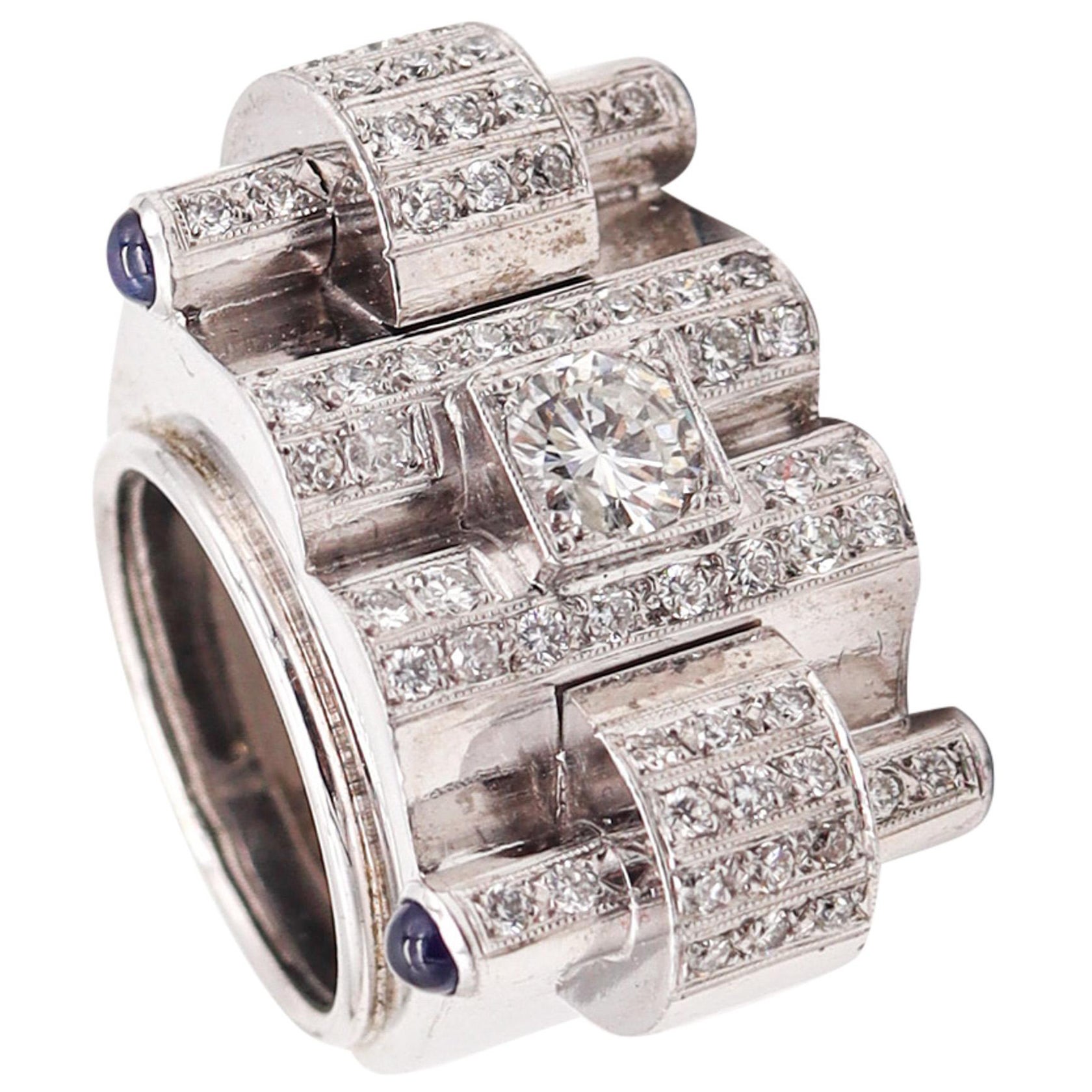 Deco Retro 1935 Tank Cocktail Ring In 18Kt Gold With 2.53 Ctw Diamonds Sapphires For Sale
