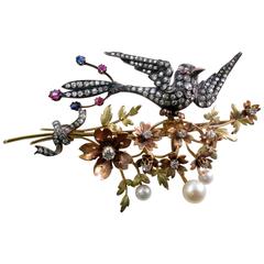 Victorian Diamond, Sapphire, Gold and Silver Bird Foliate Brooch