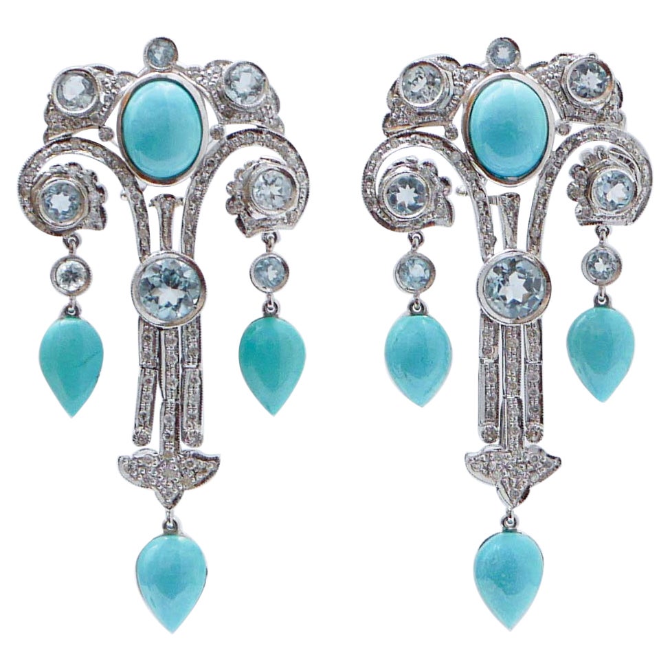 Aquamarine Colour Topazs, Turquoise, Diamonds, 14Kt White Gold Platinum Earring