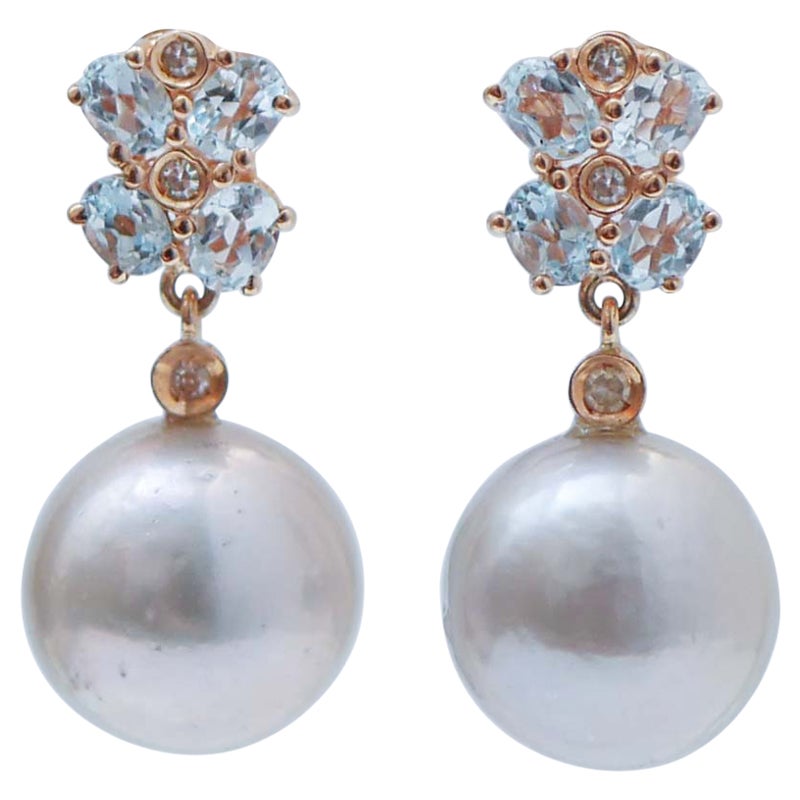 Grey Pearls, Aquamarine, Diamonds, 14 Karat Rose Gold Earrings.