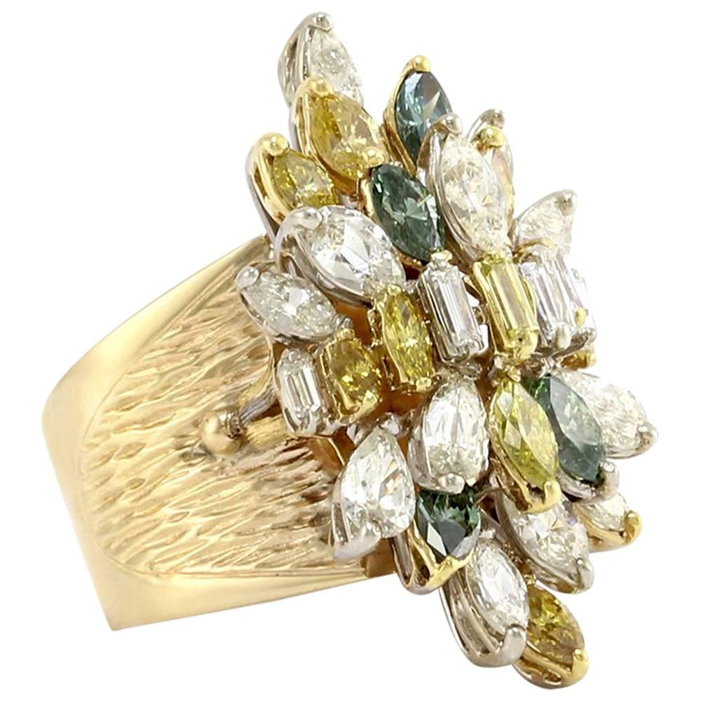 Multi-Color Diamond Gold Cluster Ring For Sale