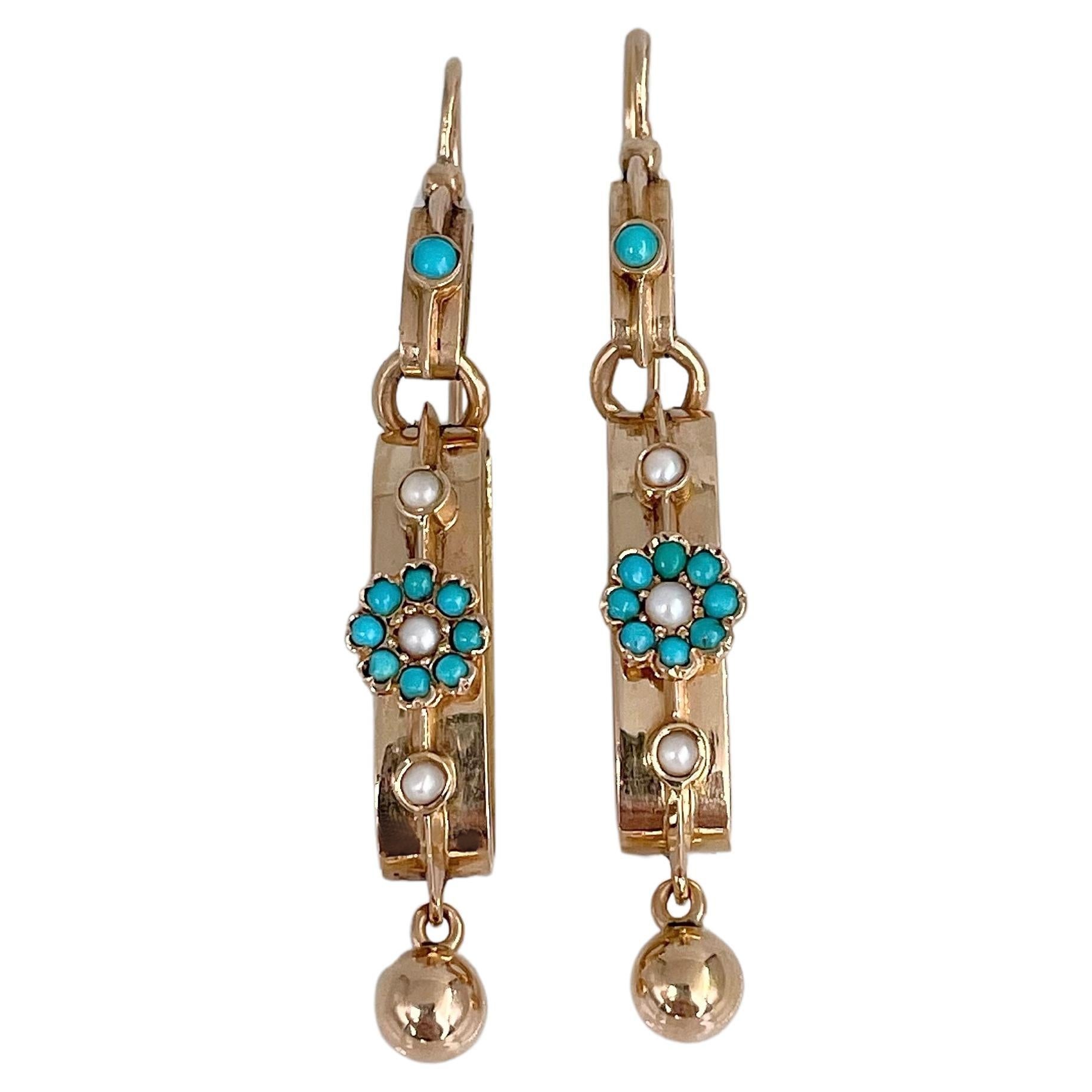 Edwardian 18 Karat Gold Turquoise Seed Pearl Floral Drop Dangle Earrings For Sale