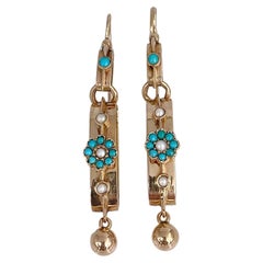 Edwardian 18 Karat Gold Turquoise Seed Pearl Floral Drop Dangle Earrings