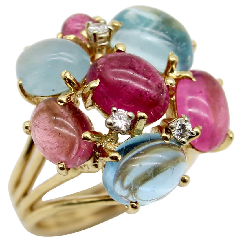 14K Gold Vintage Tutti Frutti Aquamarine Diamond Pink Tourmaline Cocktail Ring For Sale