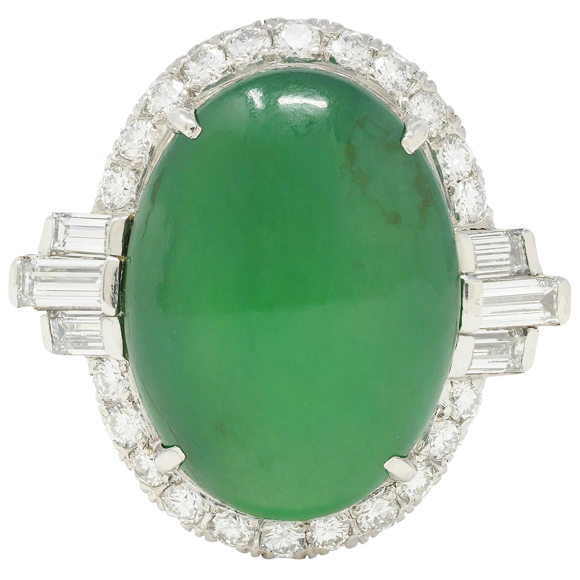 Mid-Century Natural Jadeite Jade Diamond Platinum Vintage Halo Ring GIA For Sale