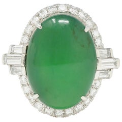 Mid-Century Natural Jadeite Jade Diamond Platinum Vintage Halo Ring GIA