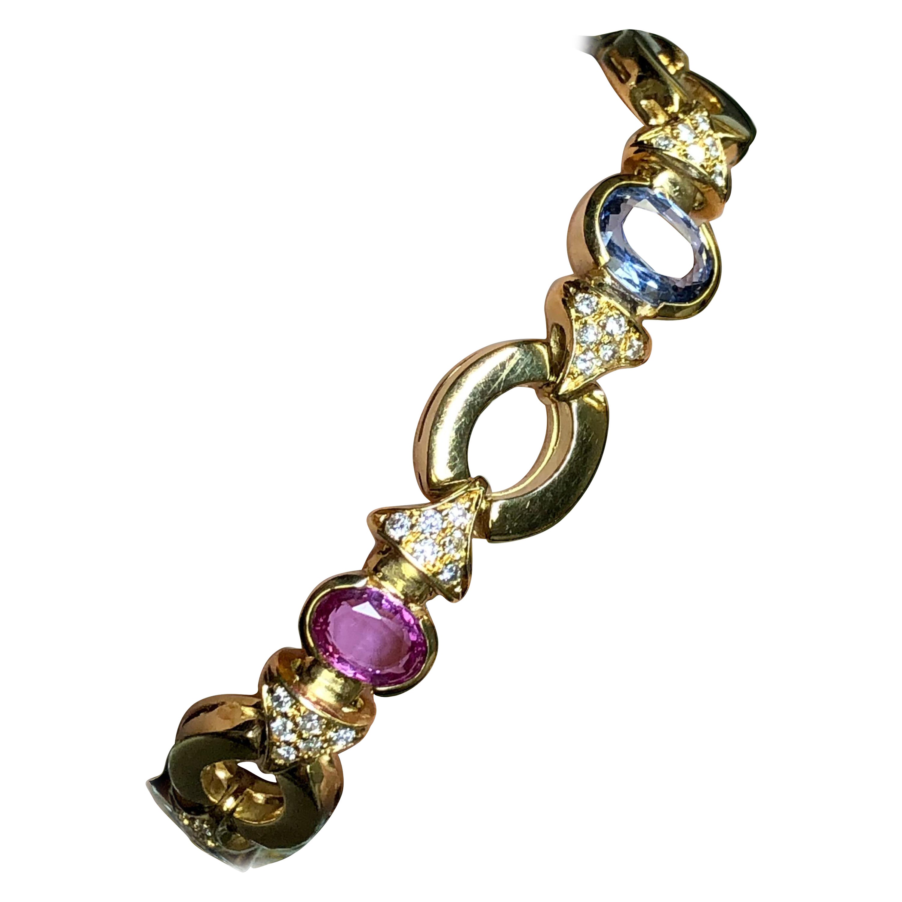 Estate ROMAN 18K Pink Blue Sapphire Diamond Circle Link Bracelet 10.26cttw 7.25” For Sale
