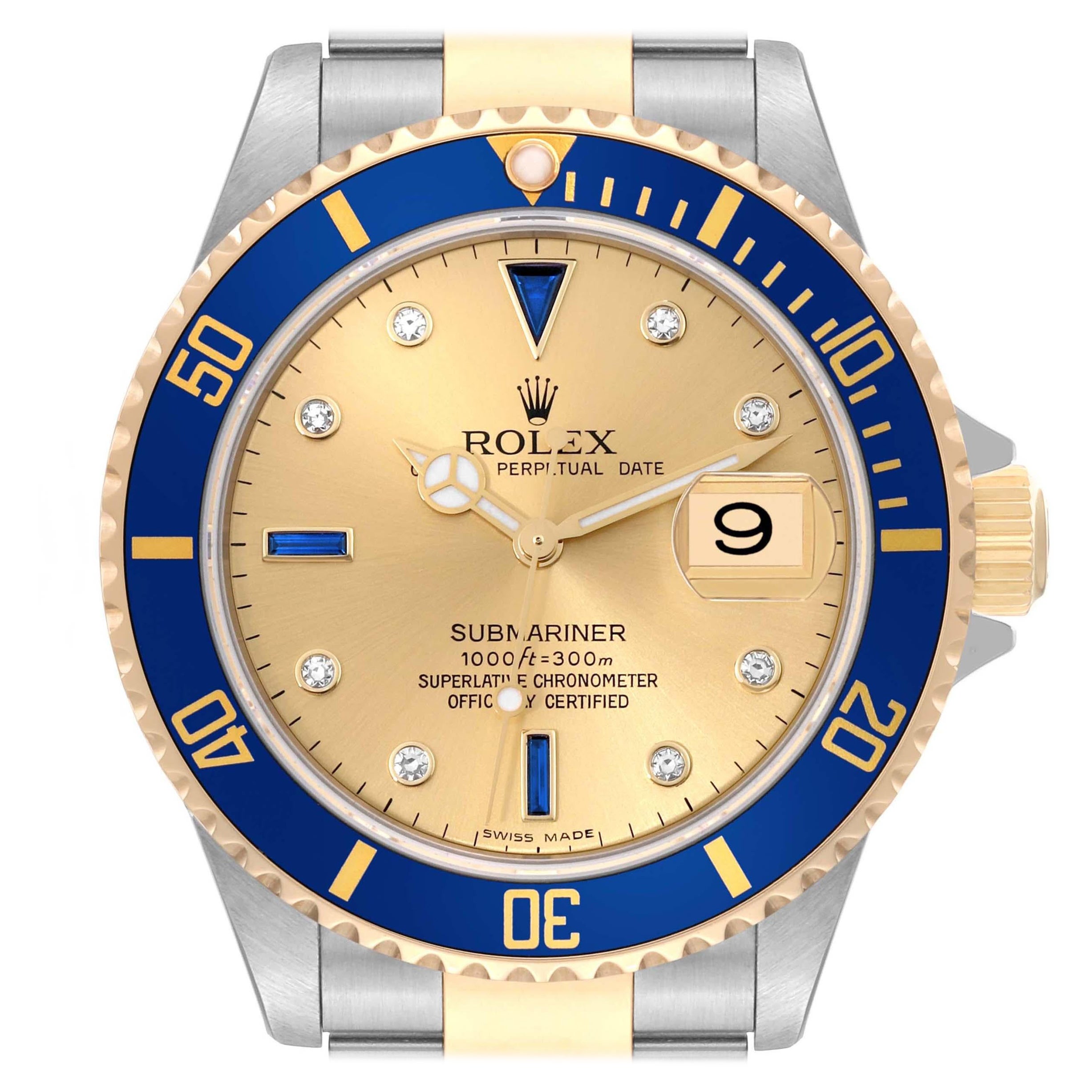 Rolex Submariner Steel Yellow Gold Diamond Serti Dial Mens Watch 16613 Box Card For Sale