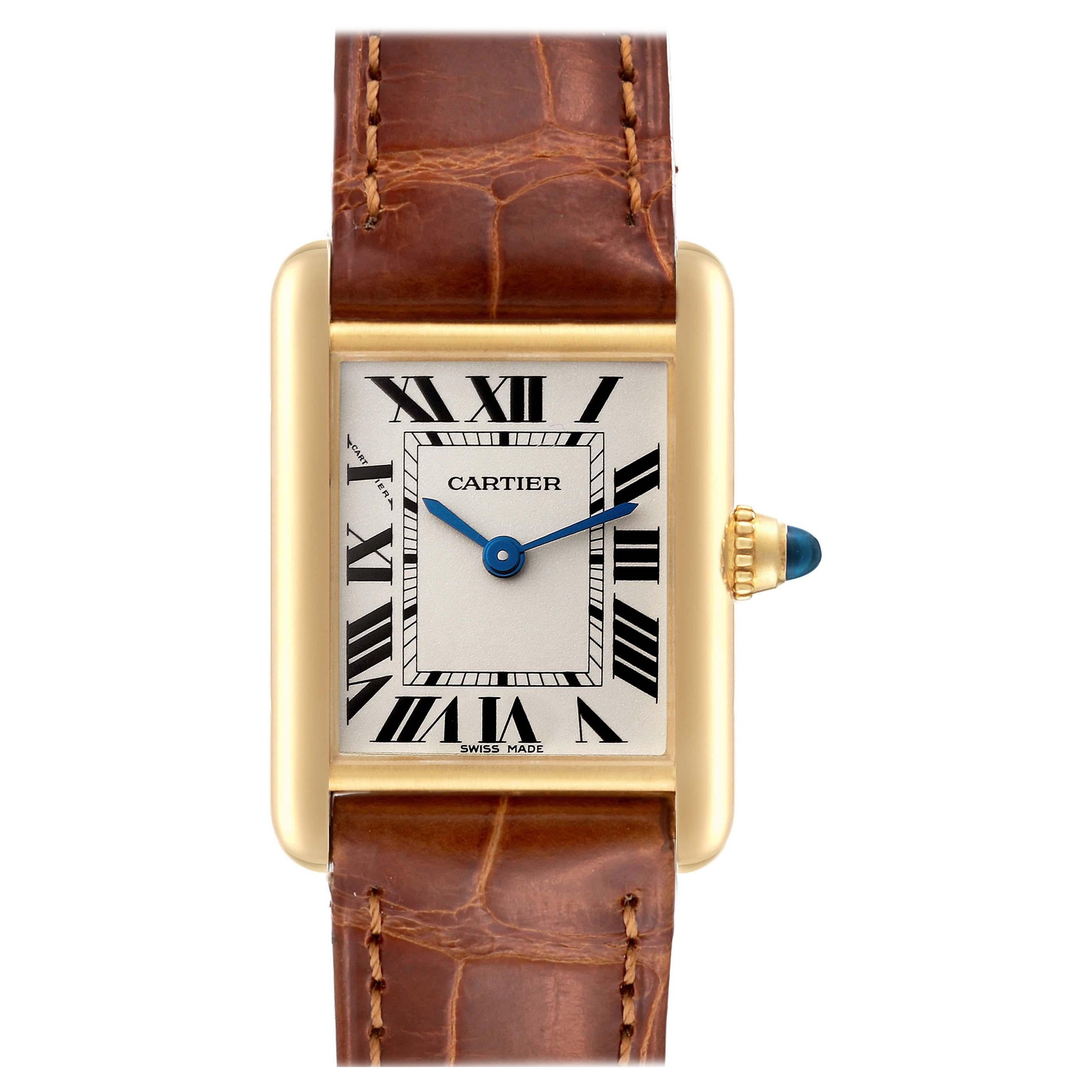 Cartier Tank Louis Small Yellow Gold Brown Strap Ladies Watch W1529856 Papers