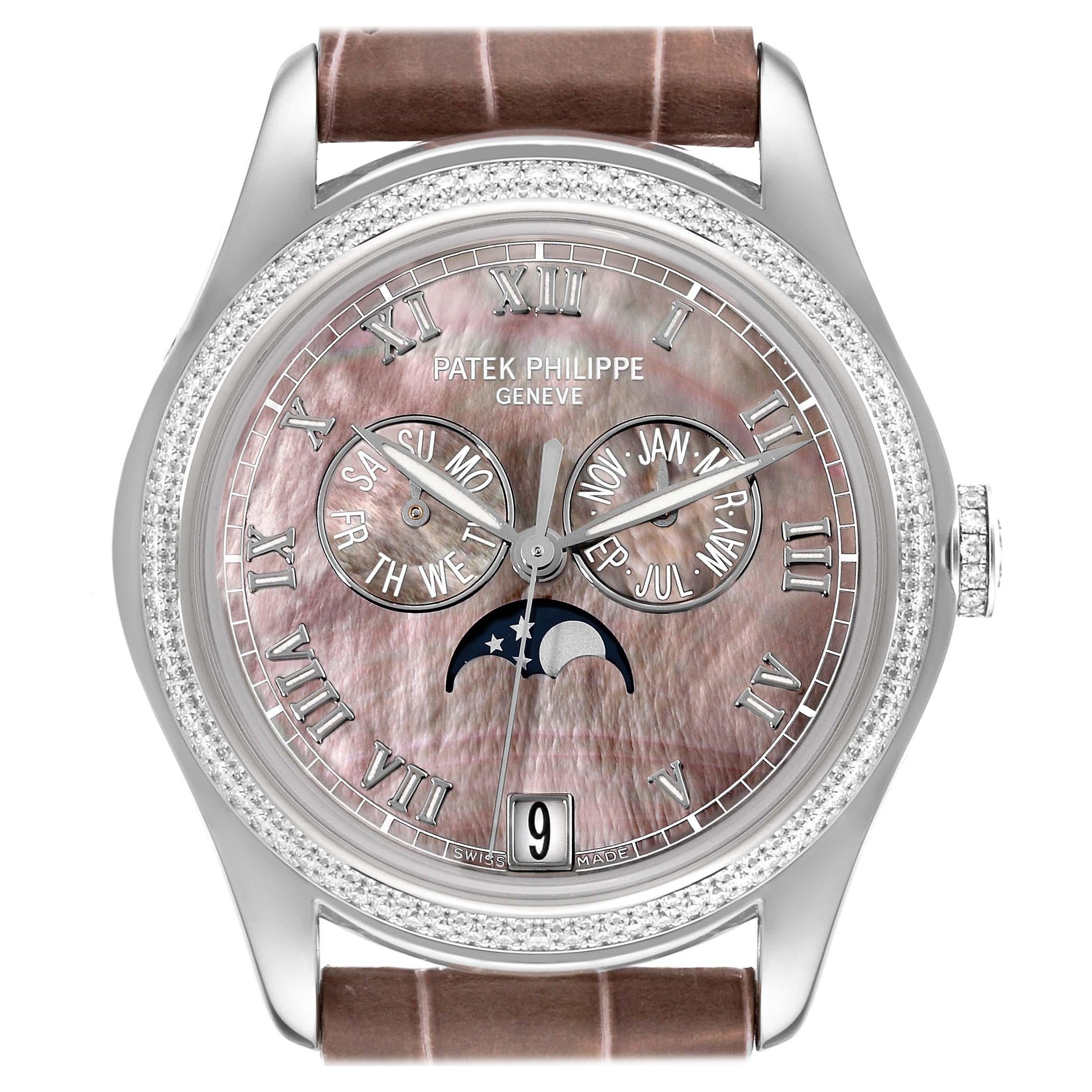 Patek Philippe Annual Calendar White Gold Mother of Pearl Diamond Mens Watch For Sale