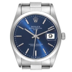 Rolex Date Cadran bleu Lunette lisse Acier Montre Homme 15200 Box Papers