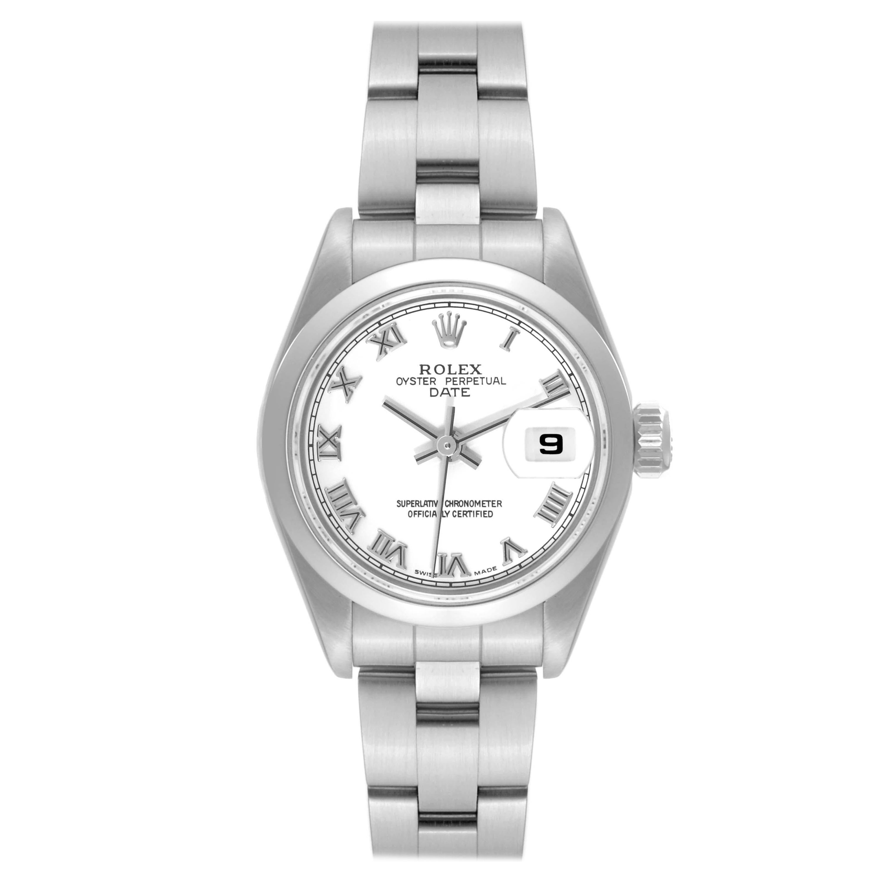 Rolex Date White Roman Dial Domed Bezel Steel Ladies Watch 79160 Box Papers