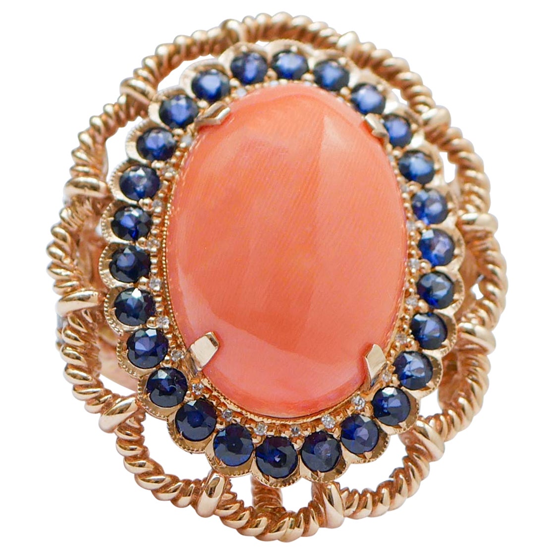 Big Coral, Sapphires, Diamonds, 14 Karat Rose Gold Ring. For Sale