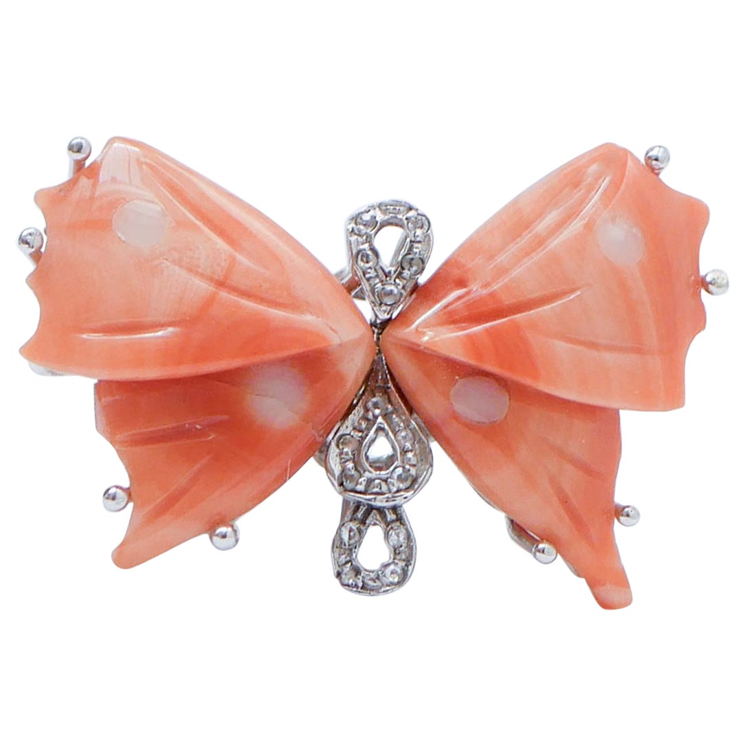 Coral, Diamonds, 14 Karat White Gold Butterfly Ring. For Sale