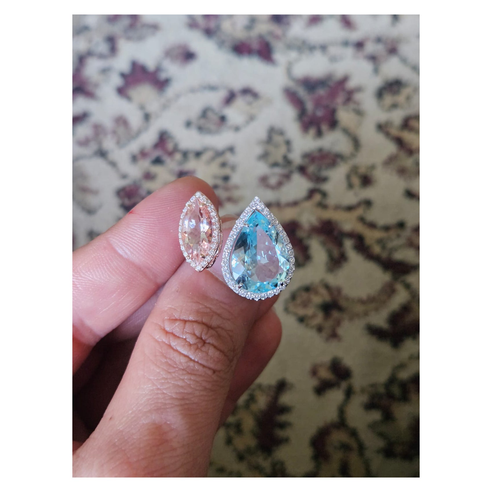 A very gorgeous and beautiful, modern style, Aquamarine & Morganite Cocktail/ Engagement Ring set in 18K Rose/ White Gold. The weight of the pear shaped Aquamarine is 7.02 carats. The weight of the Marquise shaped Morganite 7.02 carats. The Diamonds