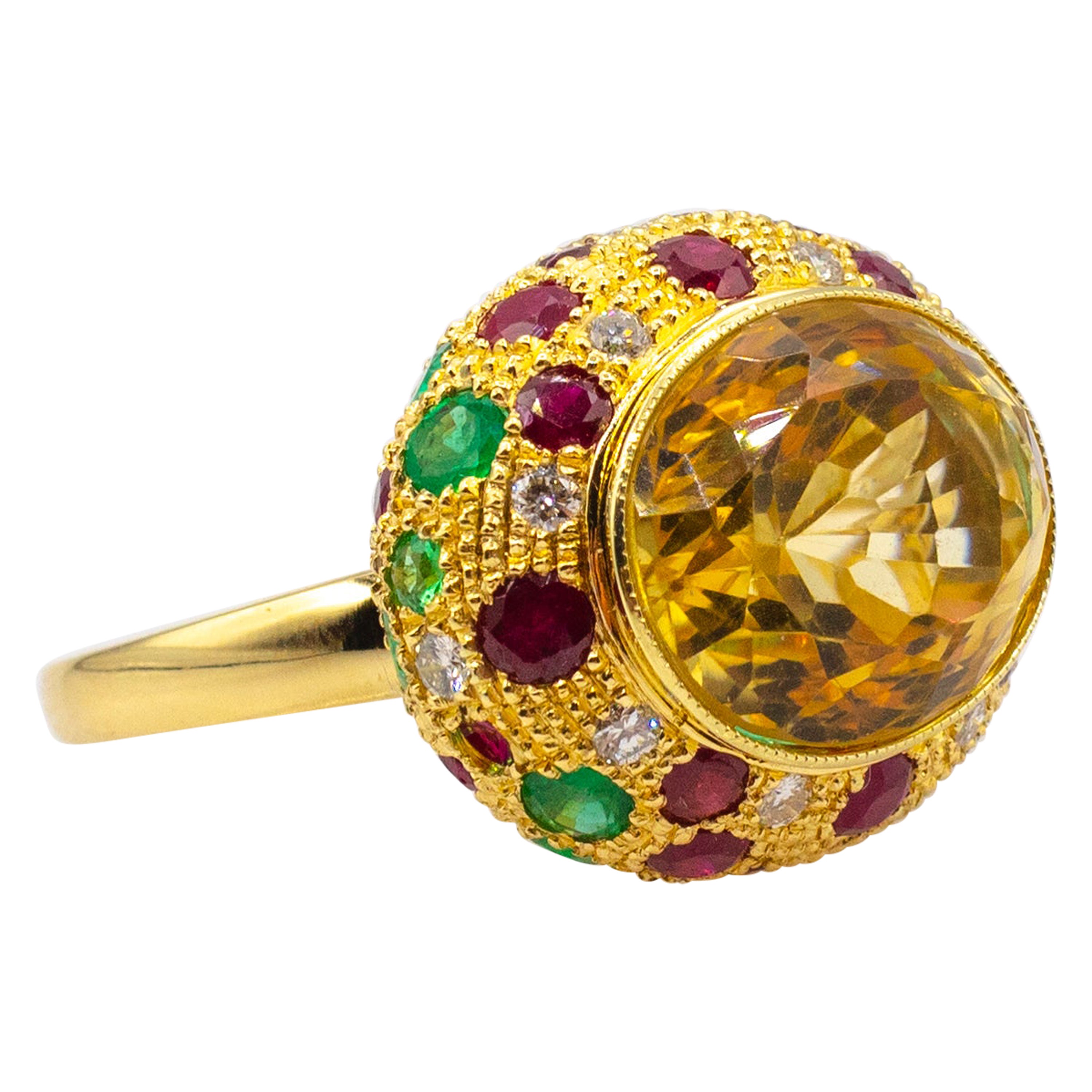 Art Deco Style White Diamond Ruby Emerald Citrine Yellow Gold Cocktail Ring