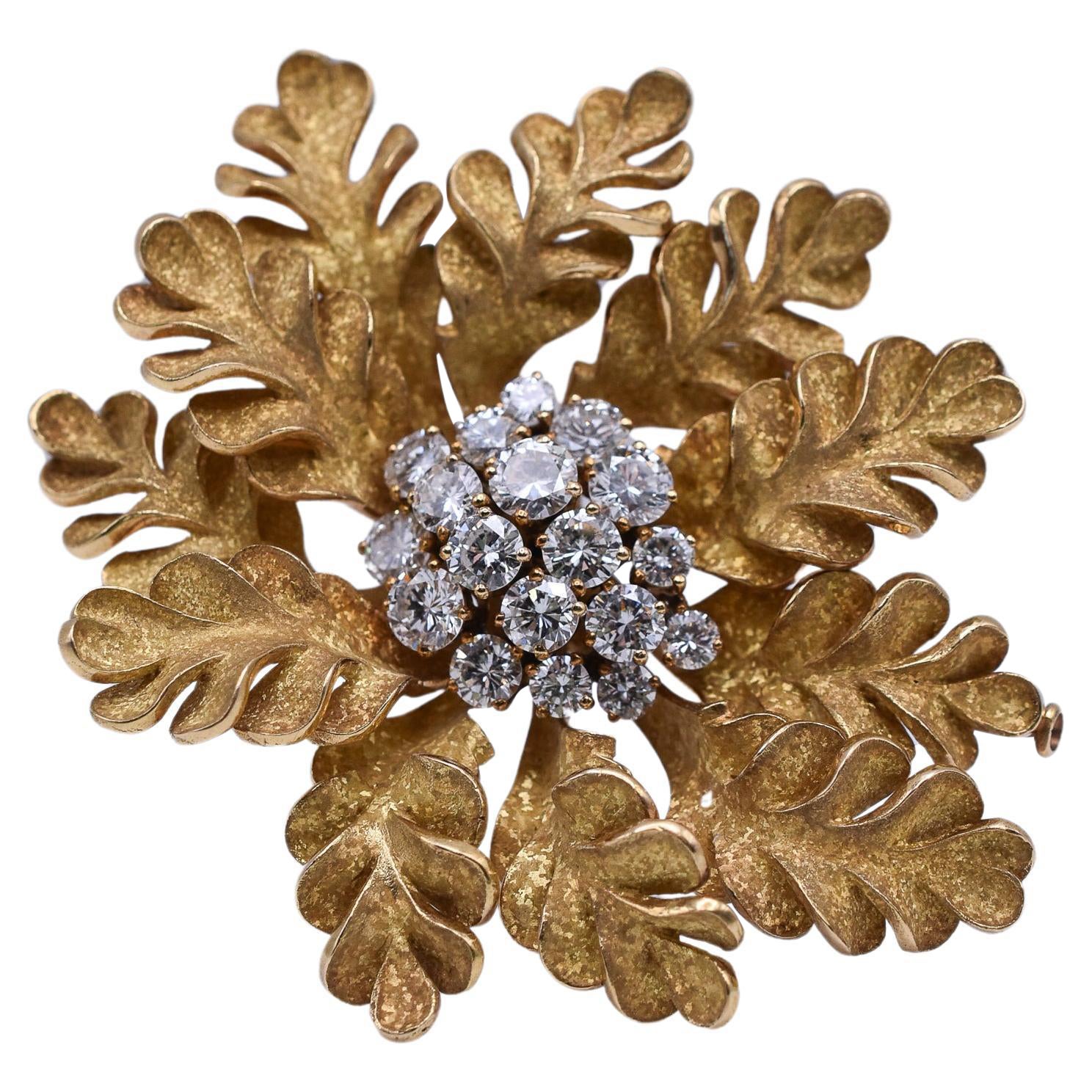 Collectible Vintage Bulgari Diamond and Gold Brooch, circa 1970