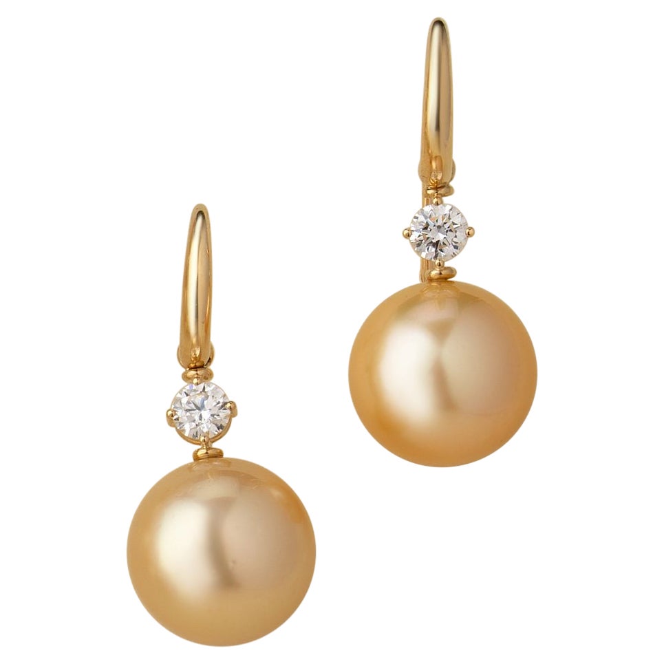 Earrings 13.90 mm Golden South Sea Pearls 0.60 Carat Diamonds Wagner Collection For Sale