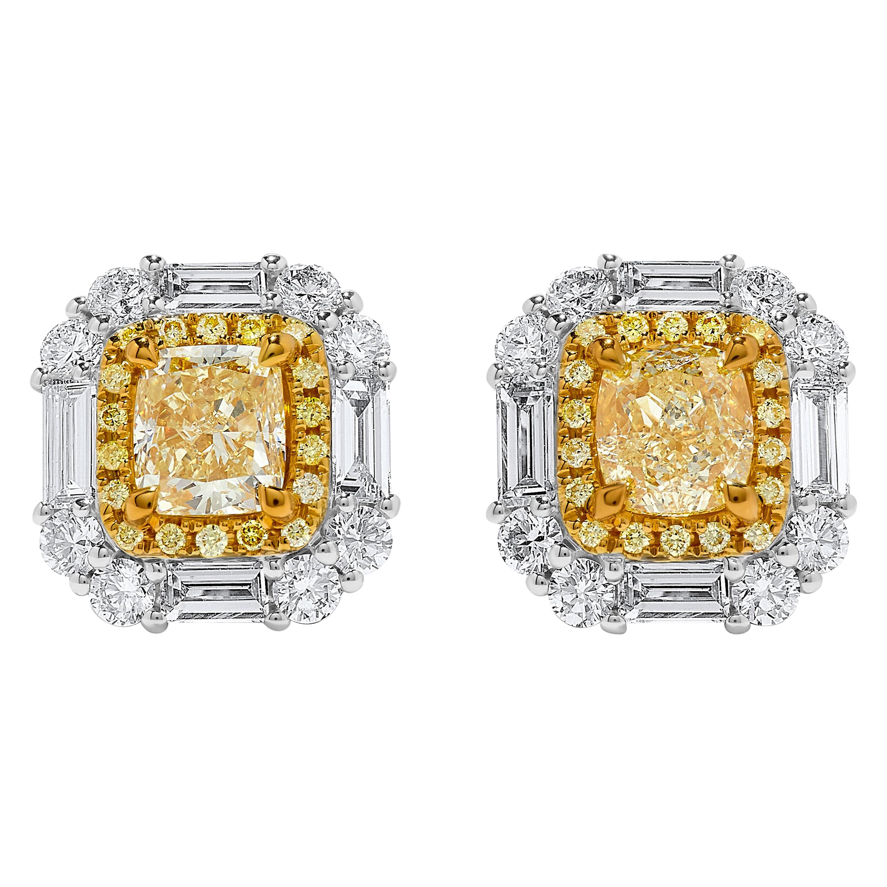 Natural Yellow Cushion Diamond 3.65 Carat TW Gold Stud Earrings For Sale