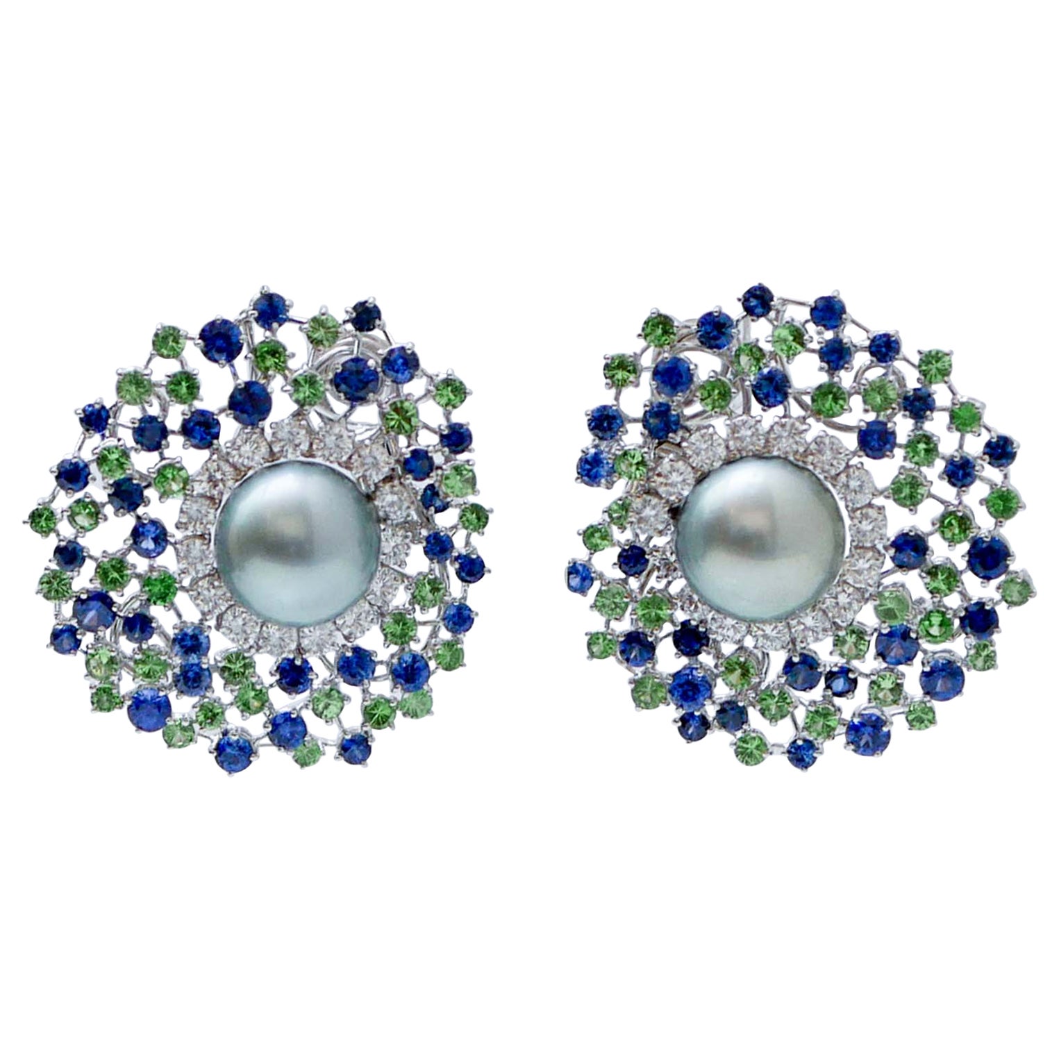 G/H  VVS Diamonds, Blue Sapphires, Tsavorites, Pearls, 18Kt White Gold Earrings For Sale