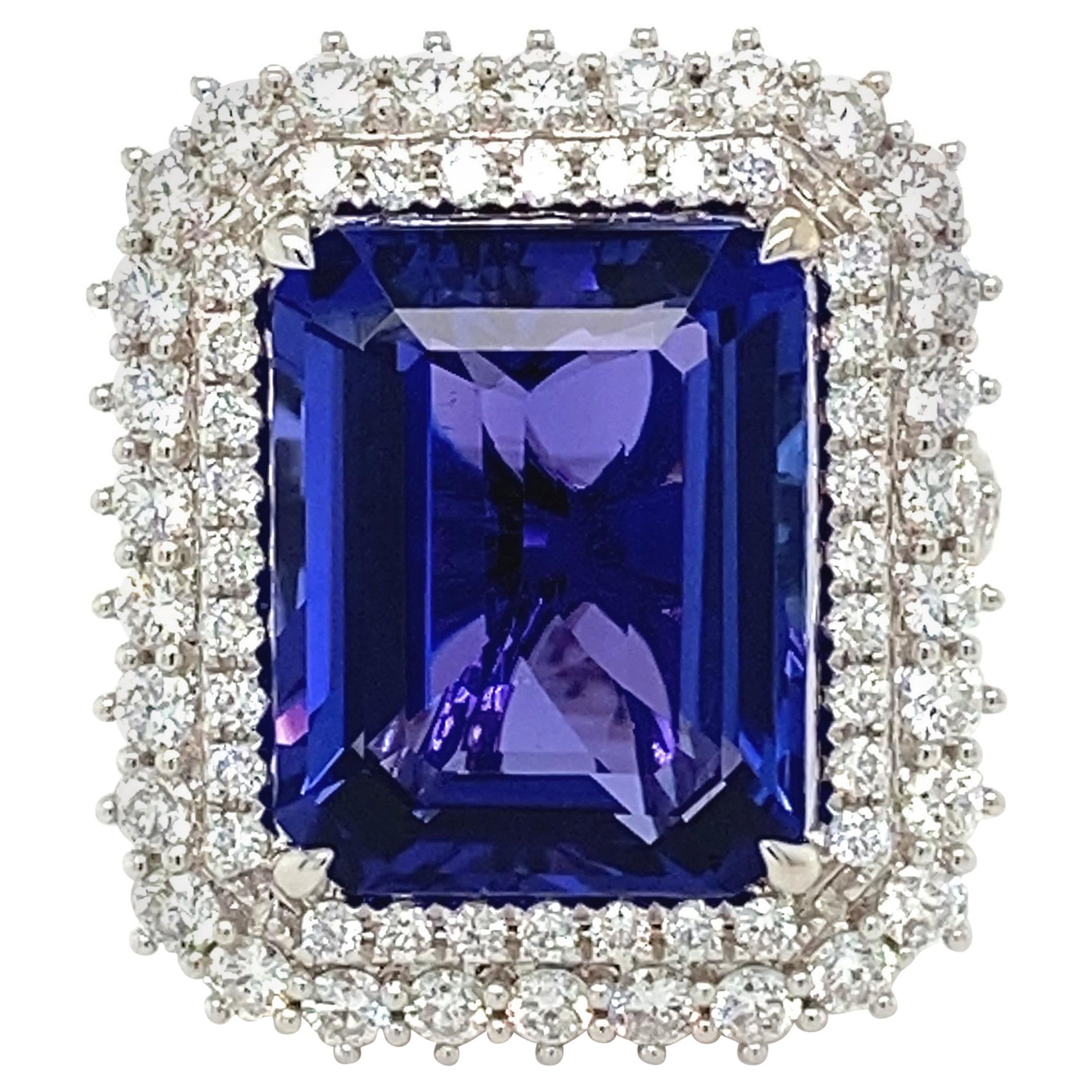 10.97 Carat Emerald Cut Tanzanite Diamond Halo Ring