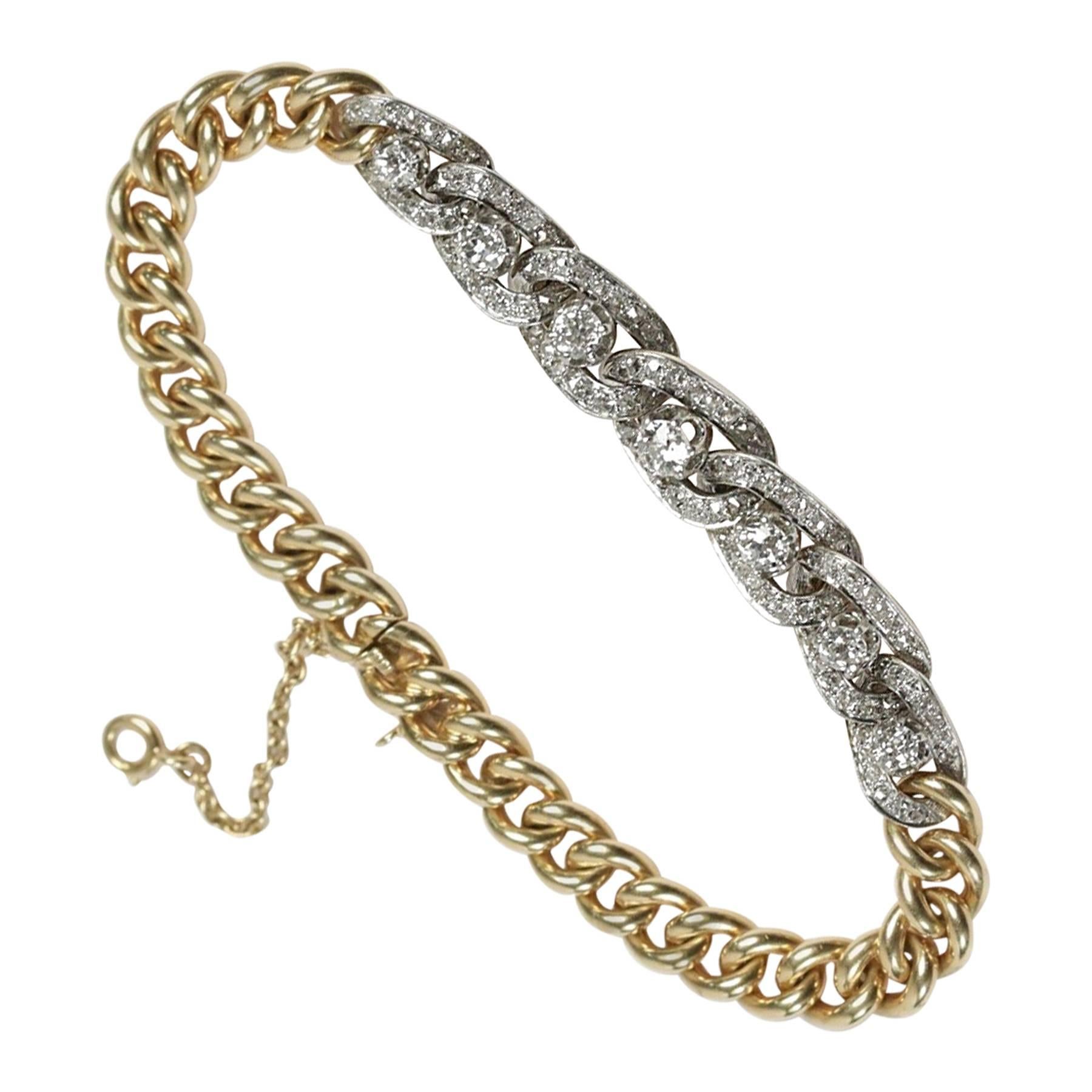 1900s Diamond Gold Platinum Link Bracelet