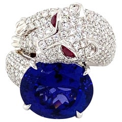 14.44 Carat Tanzanite Diamond White Gold Panther Ring