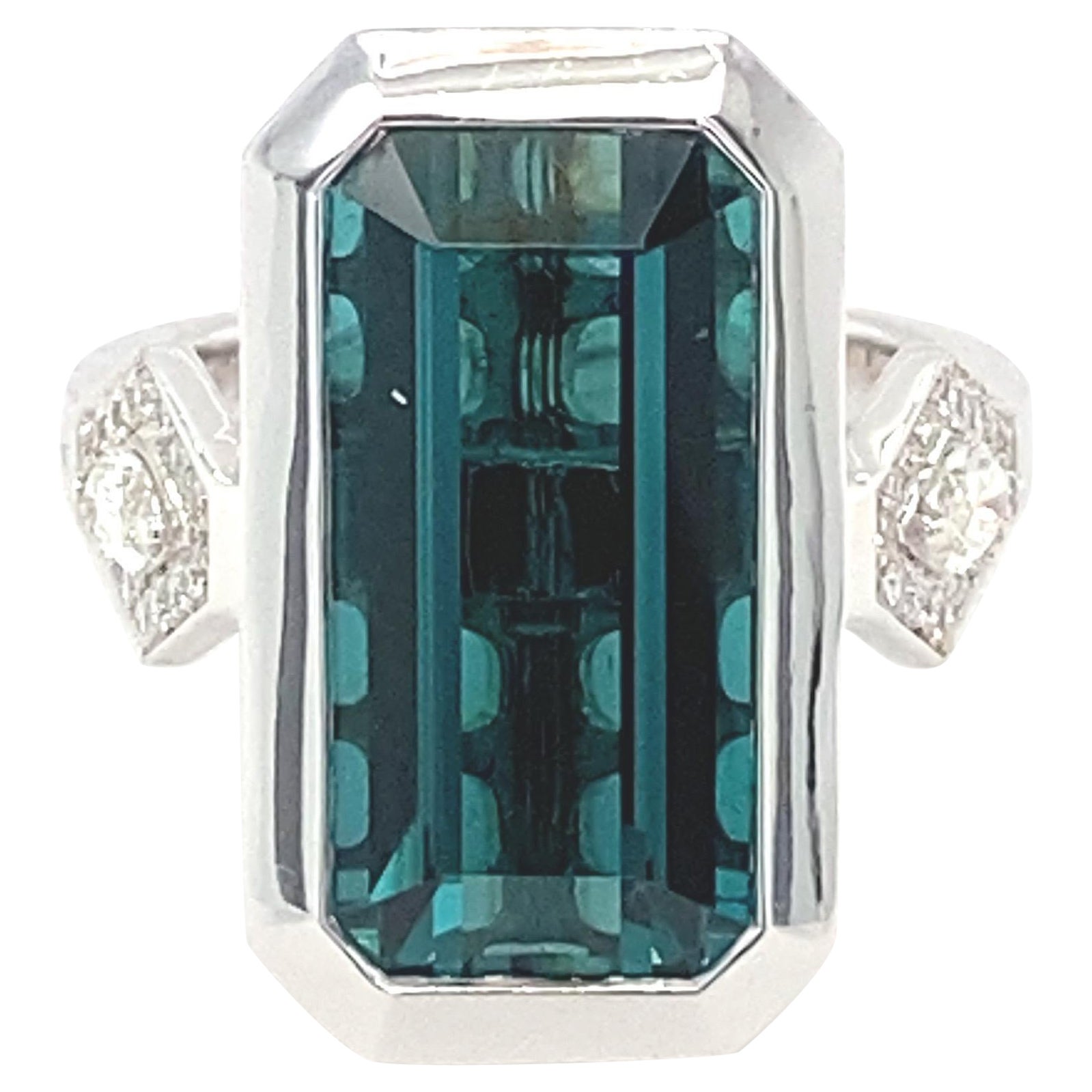 8.28 Carat Baguette Indicolite Tourmaline Diamond White Gold Cocktail Ring