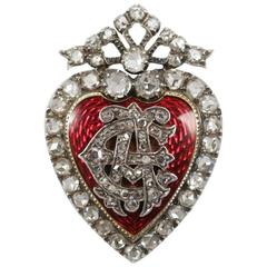 1870s Antique Enamel Silver Gold Heart Brooch