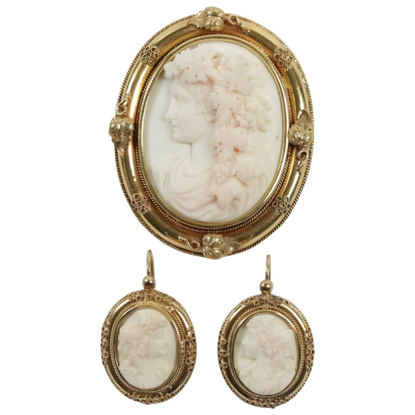 Antique Cameo Coral Gold Brooch And Earrings  For Sale