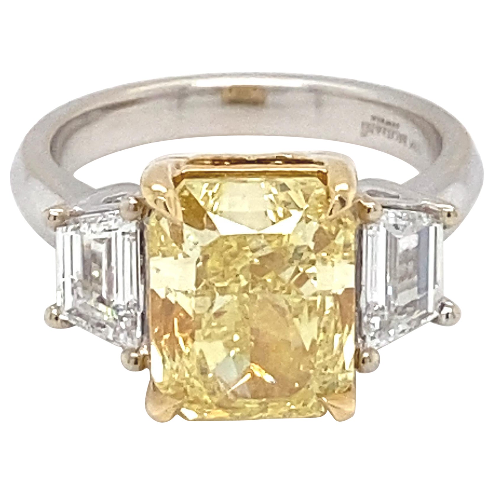 GIA Certified 5.01 Carat Intense Fancy Yellow SI2 Cushion Diamond Ring For Sale