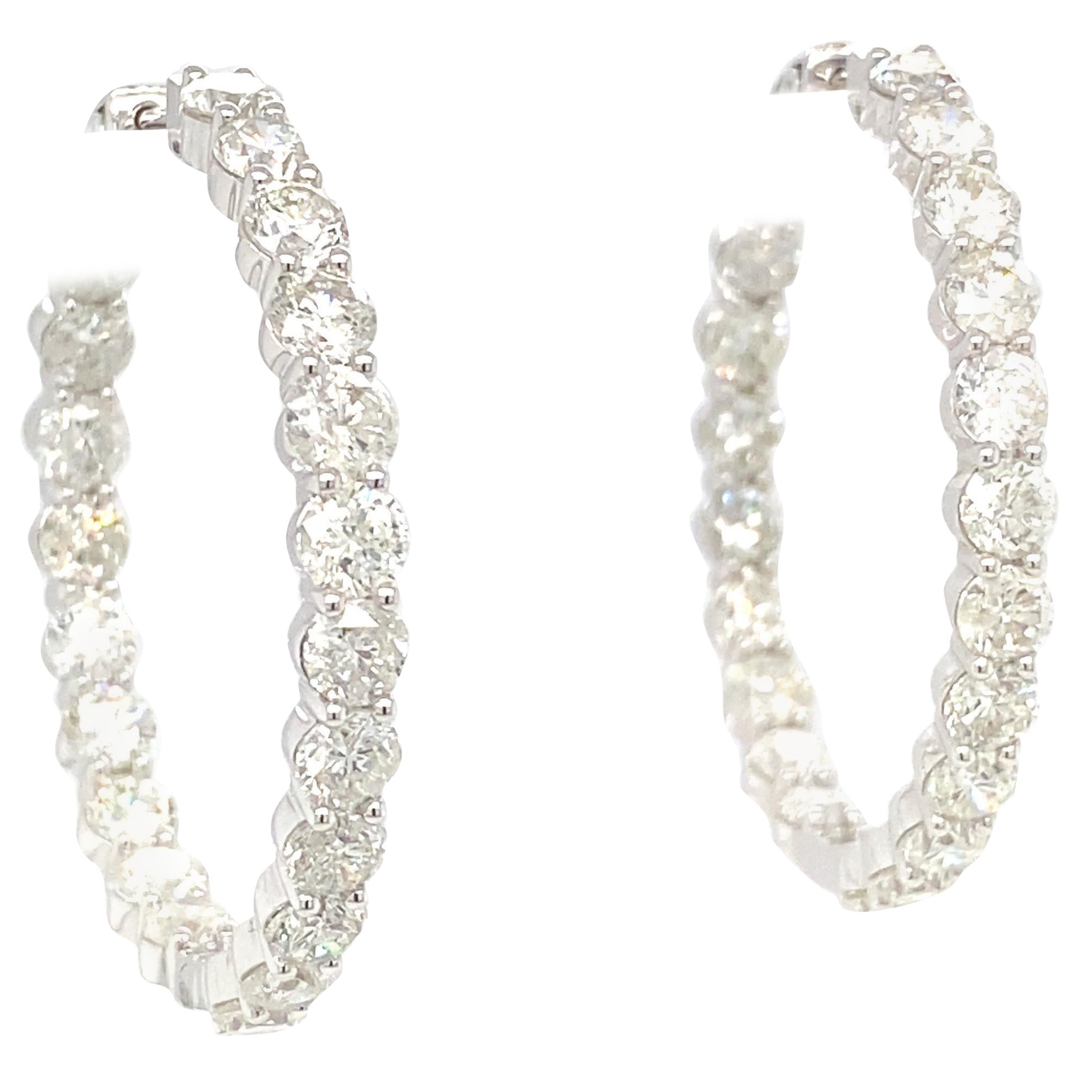 12.88 Carat White Diamond White Gold Hoop Earrings For Sale