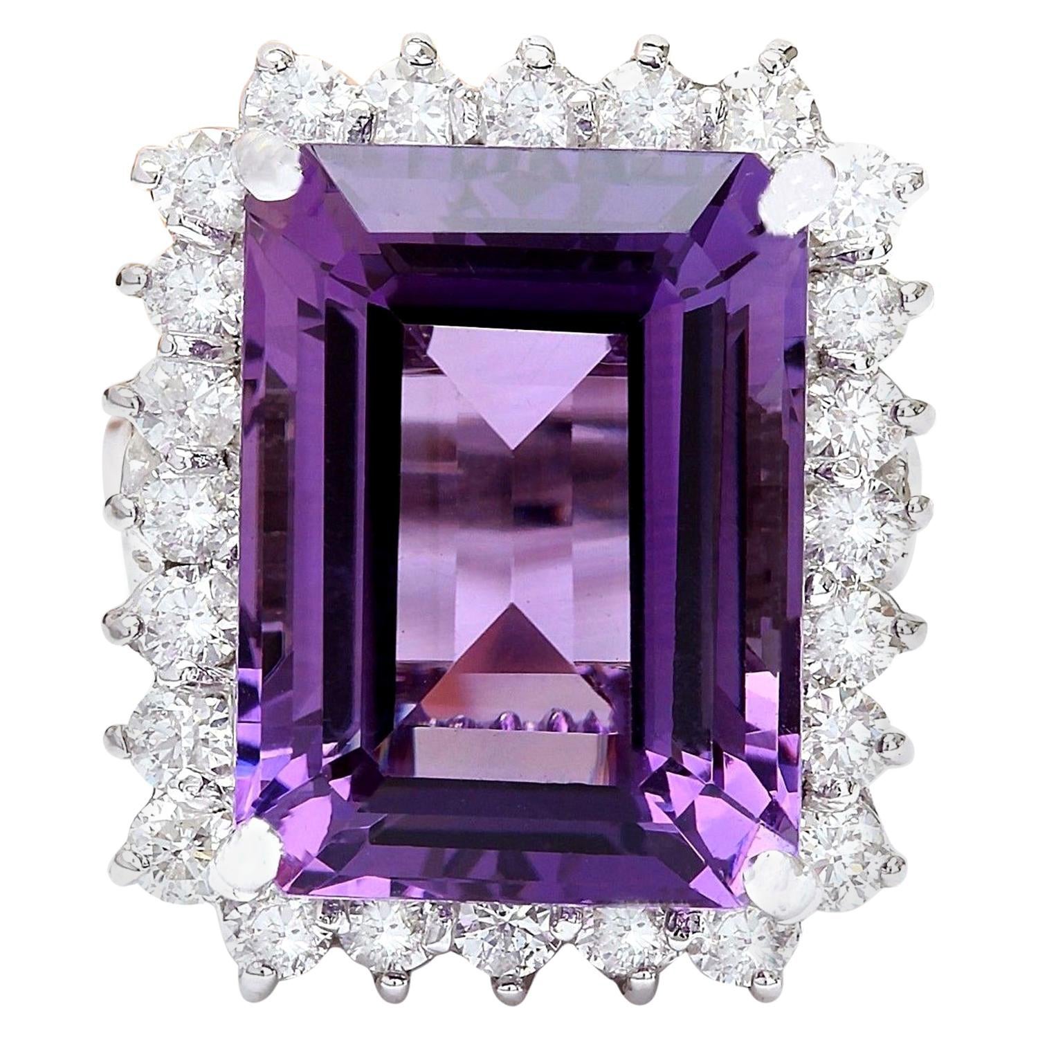 Vibrant Natural Amethyst Diamond Ring In 14 Karat Solid White Gold  For Sale