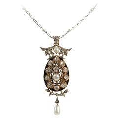 Antique Natural Pearl And Diamond Gold Enamel Pendant