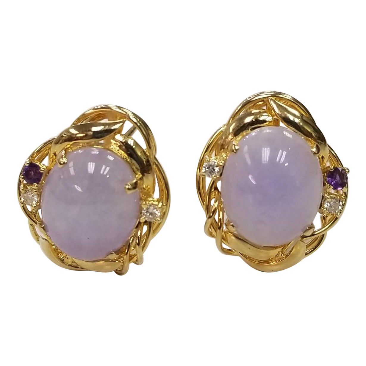 Pair of 14k Gold and Lavender Jade Cabochon Earrings For Sale