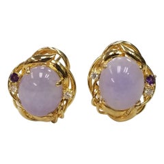 Retro Pair of 14k Gold and Lavender Jade Cabochon Earrings