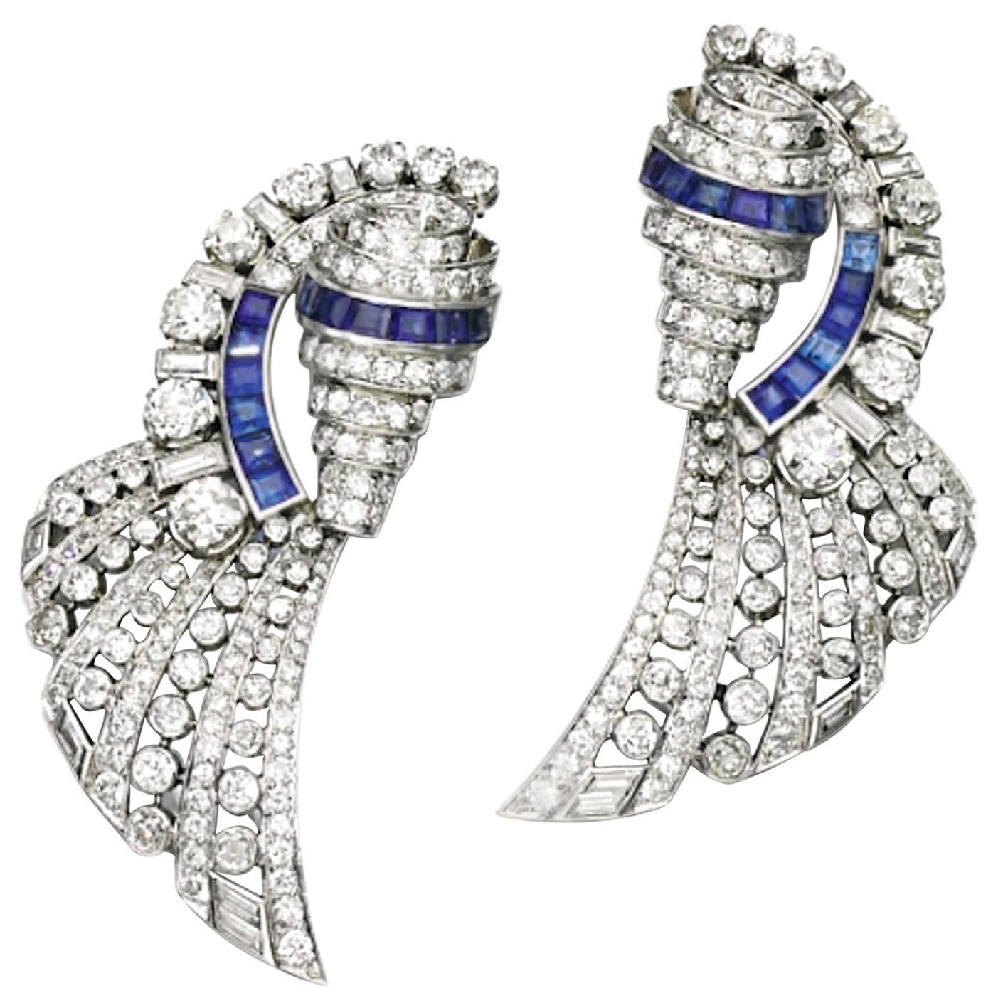 1930s French Art Deco Sapphire Diamond Platinum Brooches