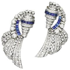 1930s French Art Deco Sapphire Diamond Platinum Brooches 11