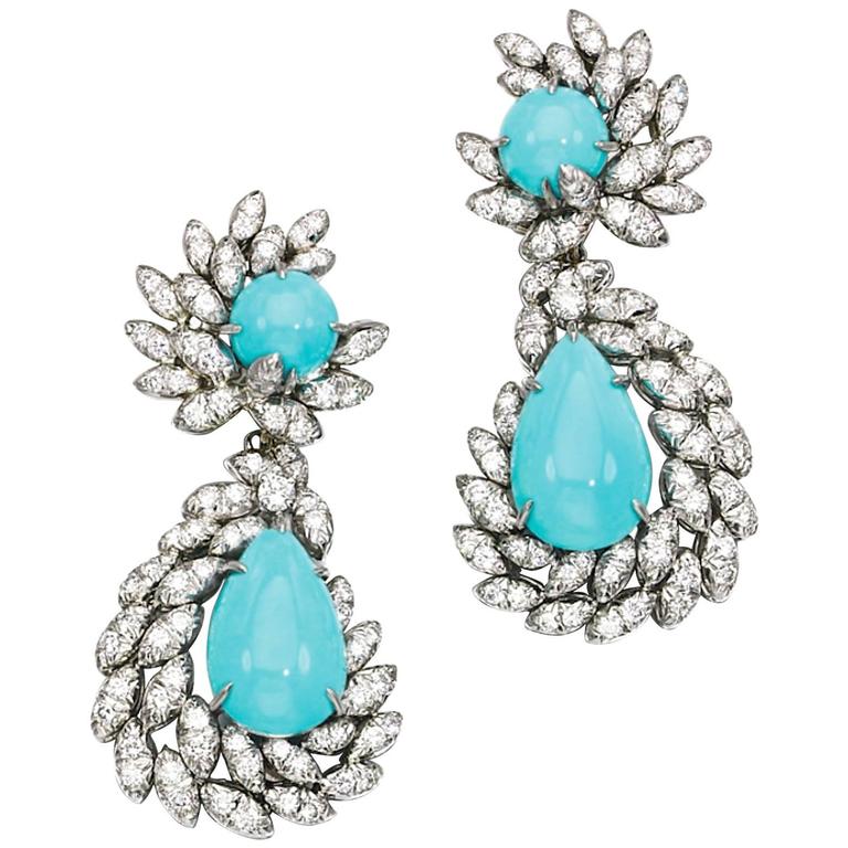 1970s Turquoise Diamond Platinum Ear Pendants at 1stdibs