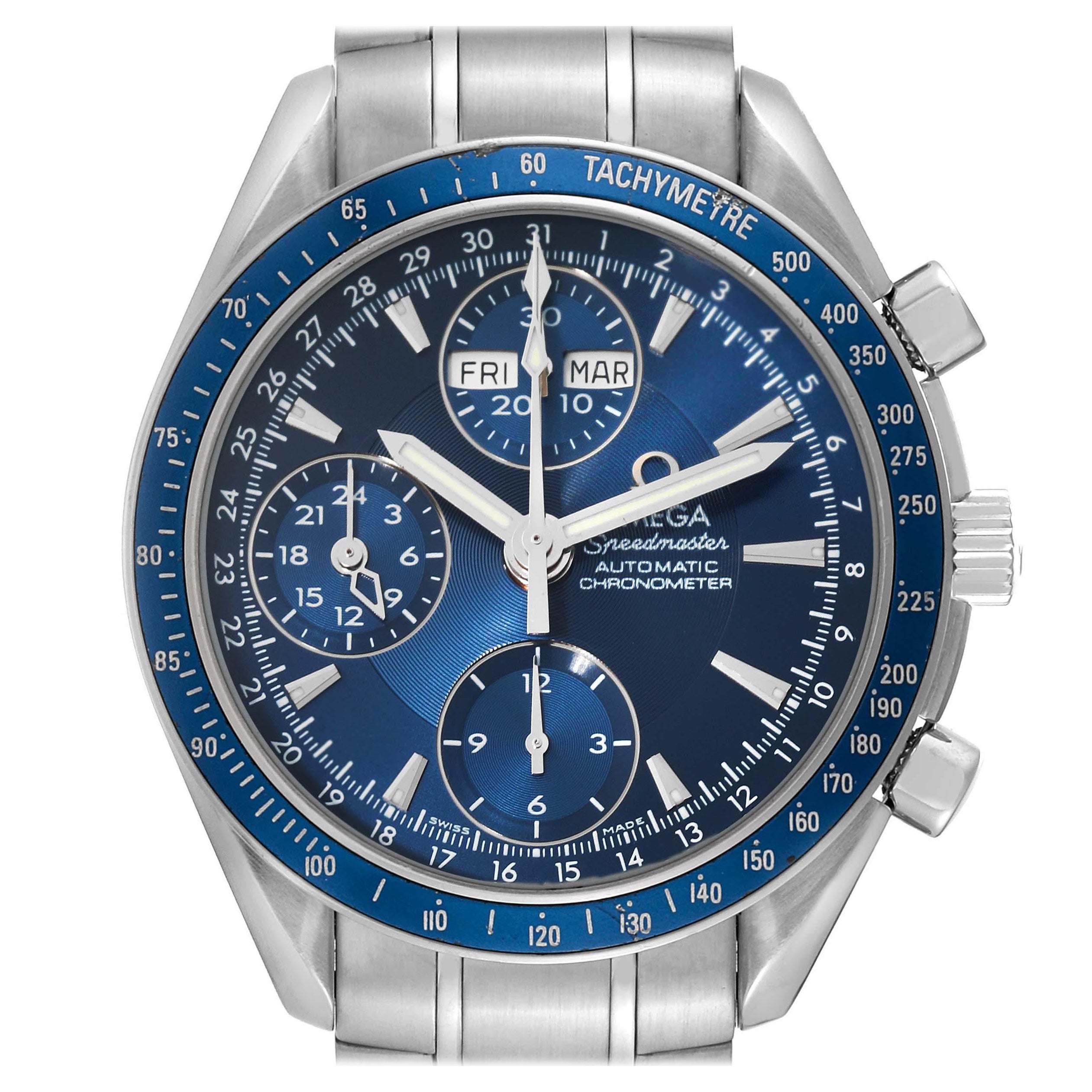 Omega Speedmaster Day Date Blue Dial Chronograph Steel Mens Watch 3222.80.00