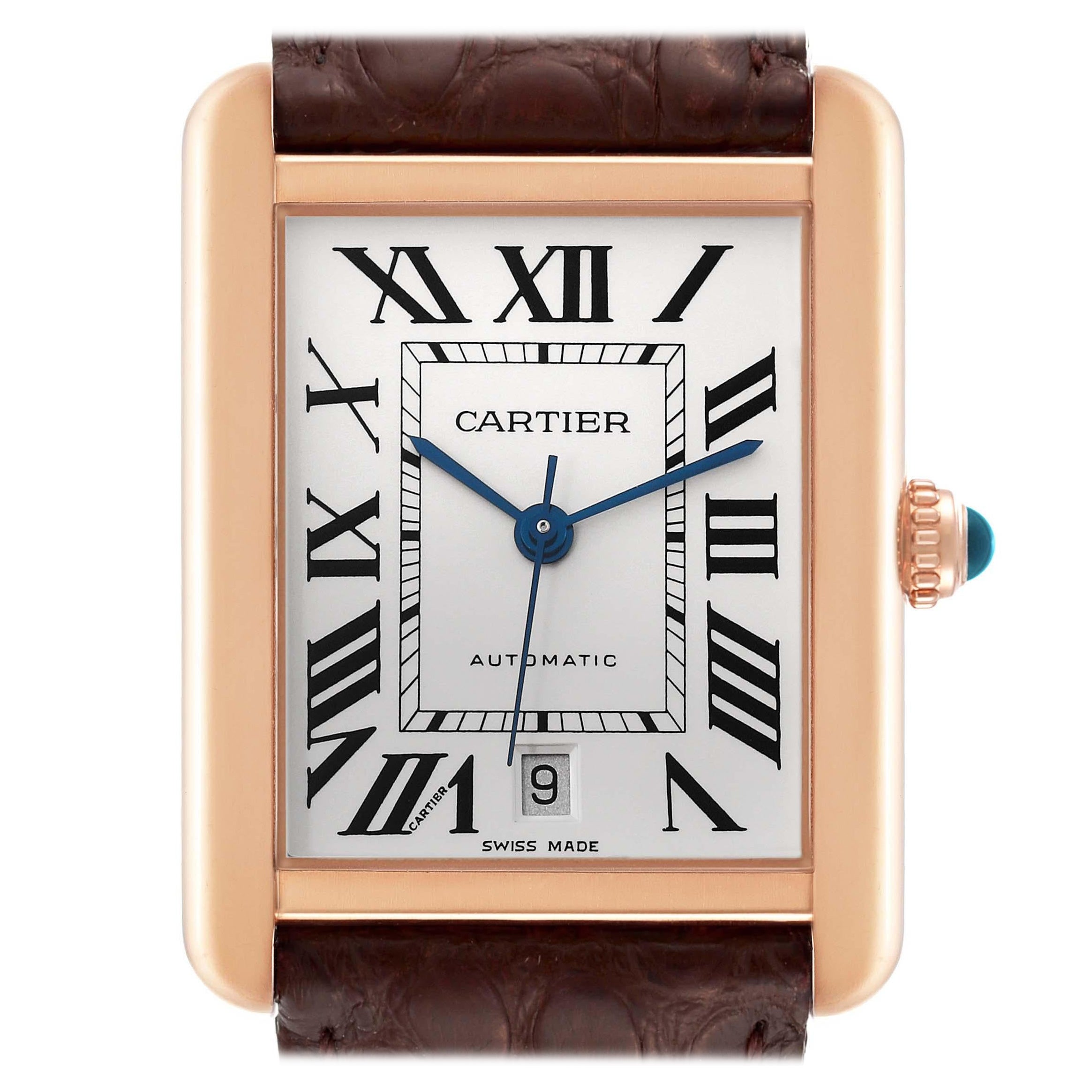 Cartier Tank Solo XL Rose Gold Steel Silver Dial Mens Watch W5200026 Card For Sale