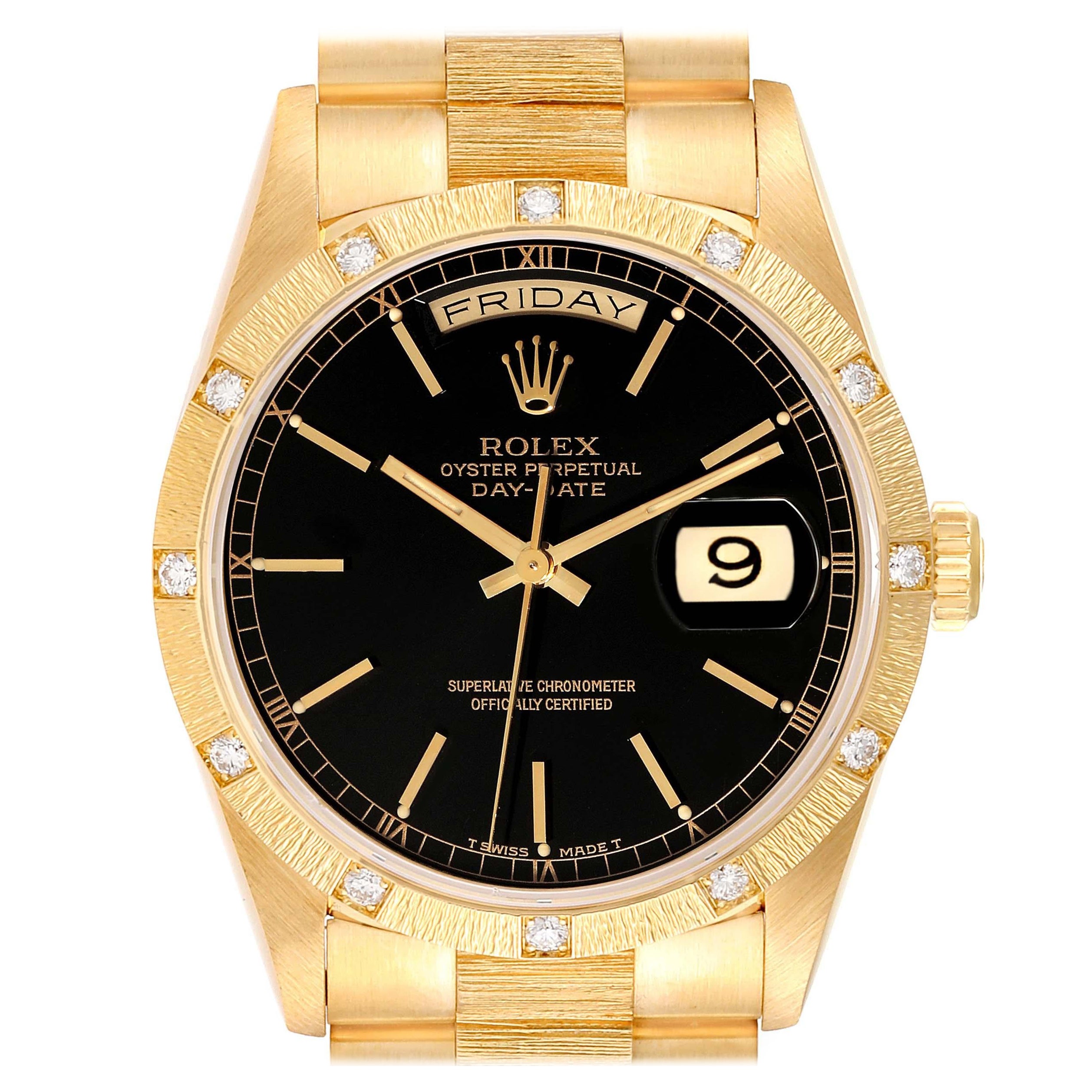 Rolex President Day-Date Yellow Gold Black Dial Diamond Mens Watch 18308