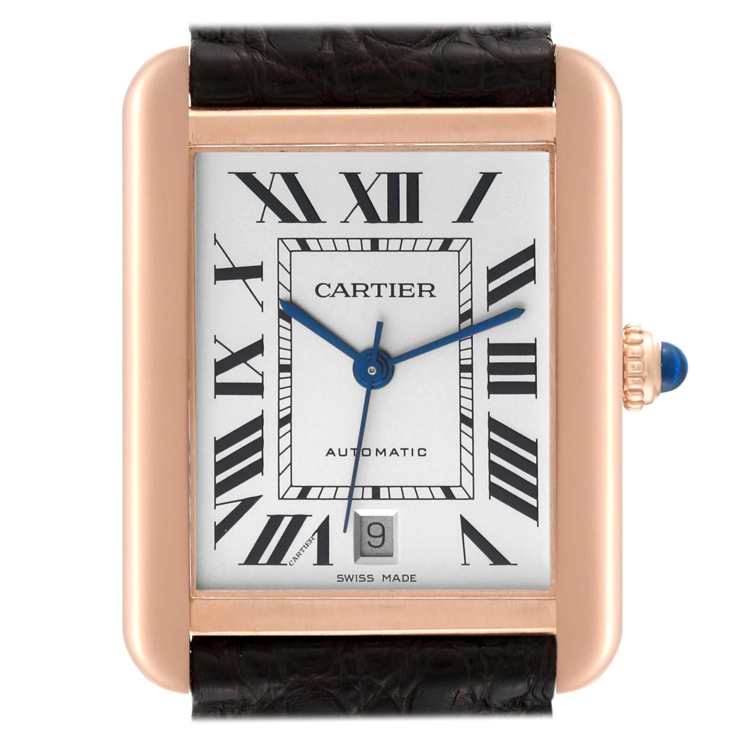 Cartier Tank Solo XL Rose Gold Stahl Silber Zifferblatt Herrenuhr W5200026 Karte im Angebot