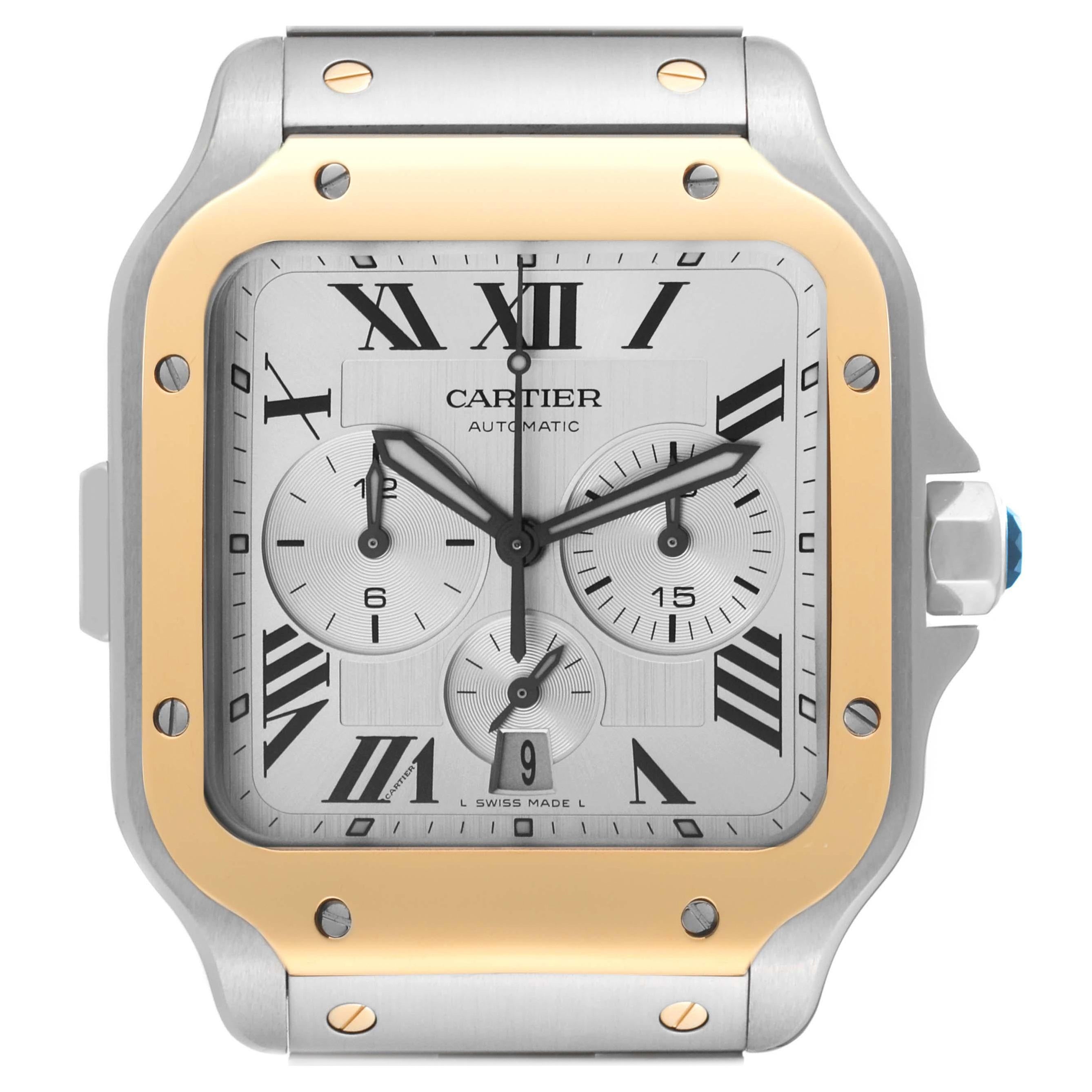 Cartier Santos XL Chronograph Steel Yellow Gold Mens Watch W2SA0008 Box Card