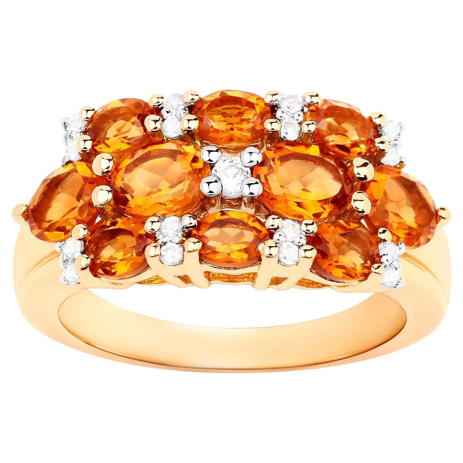 Citrine Cluster Ring White Topaz 2.5 Carats 14K Yellow Gold Plated Silver For Sale