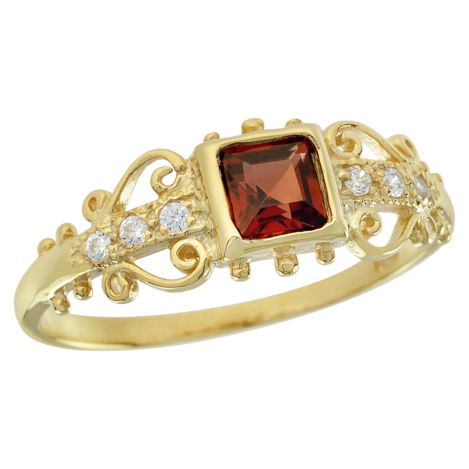 Solitär-Ring aus massivem 9 Karat Gelbgold mit natürlichem Granat und Diamant im Vintage-Stil im Angebot