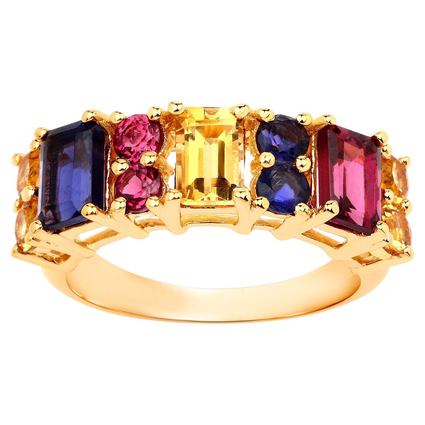 Multicolor Gemstones Ring Citrine Rhodolite Iolite 2.71 Carats 14K Gold Plated For Sale