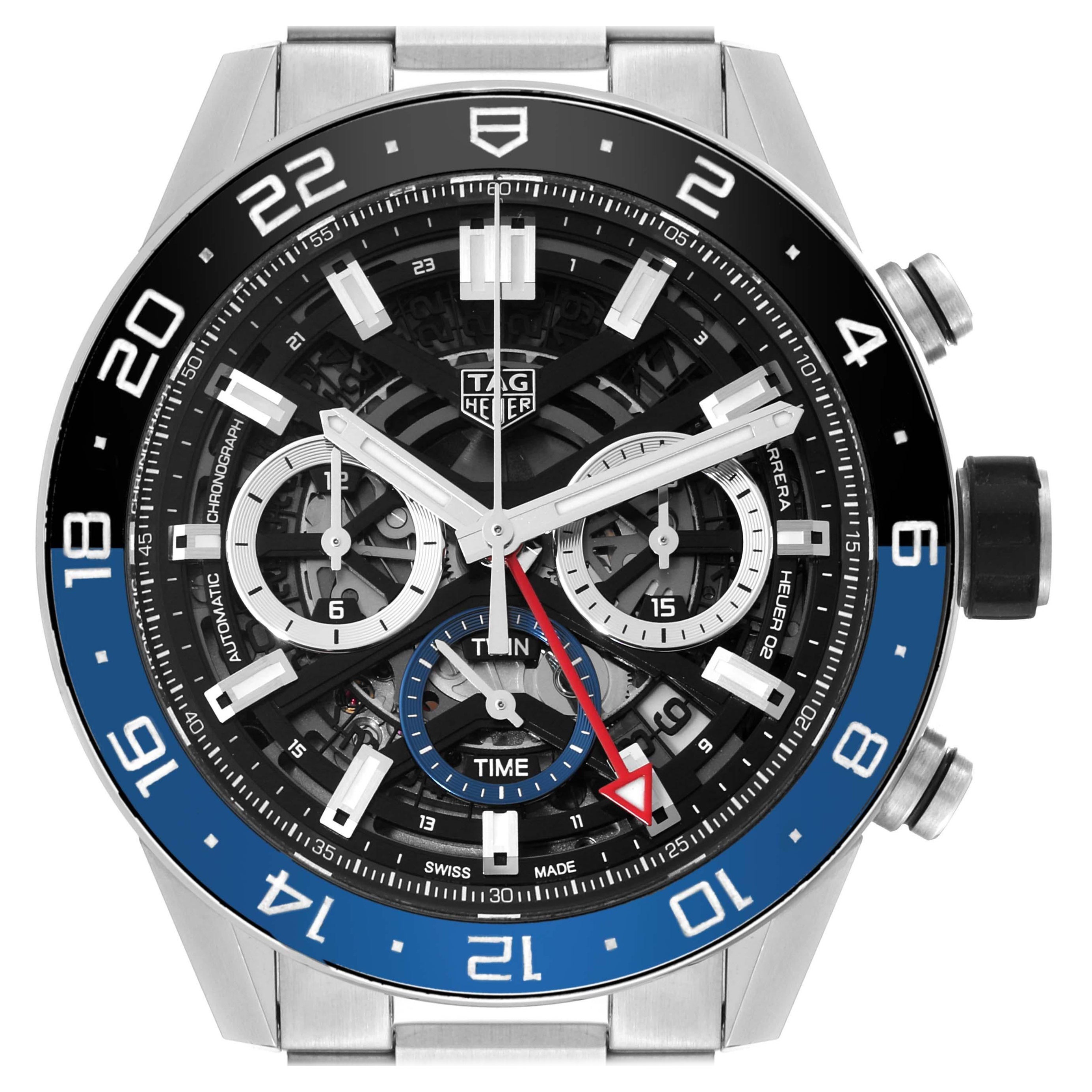 Tag Heuer Carrera GMT Batman Bezel Steel Mens Watch CBG2A1Z Box Card For Sale