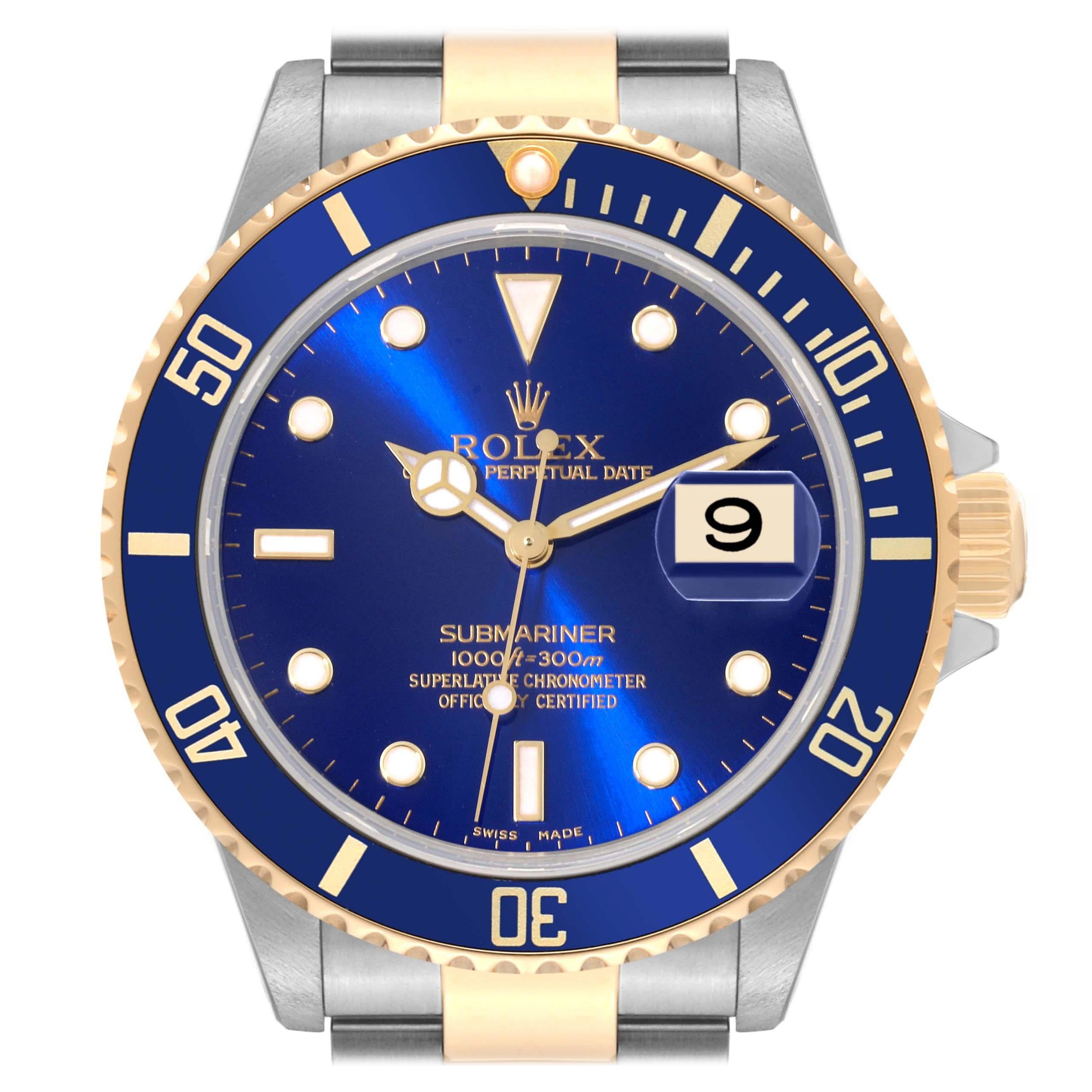 Rolex Submariner Blue Dial Steel Yellow Gold Mens Watch 16613 Box Papers