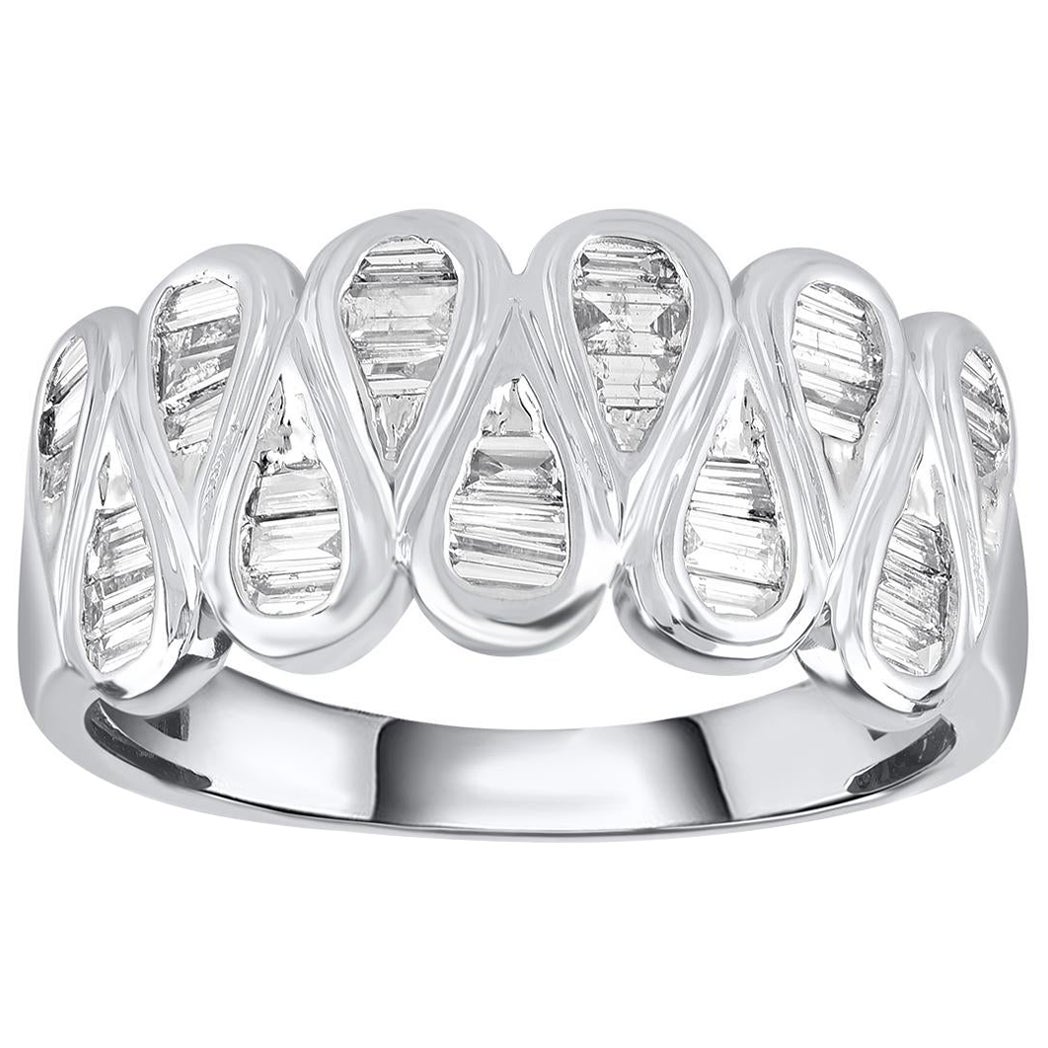 TJD 0.75 Carat Baguette Diamond 14KT White Gold Wave Band Ring For Sale